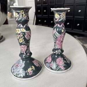 Vintage Porcelain Candlesticks Hand Painted (Pair) Asian Floral 8.5"